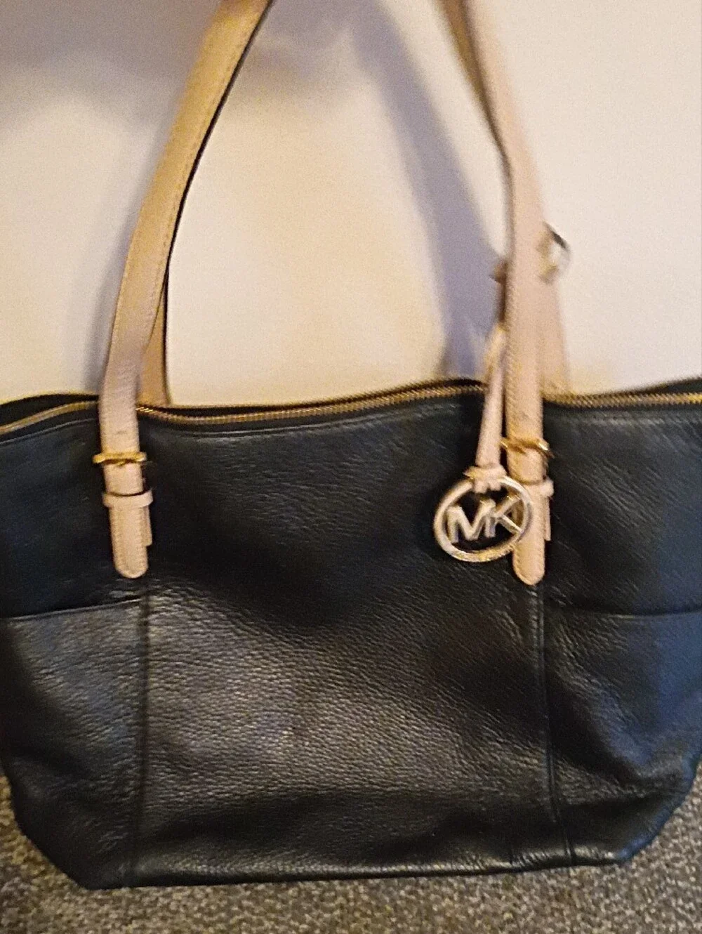 Michael Kors Pebbled  Black Leather Tote with Cream Handles and Gold Hardware